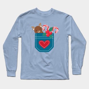 Cute Christmas Moose and peppermint pocket Long Sleeve T-Shirt